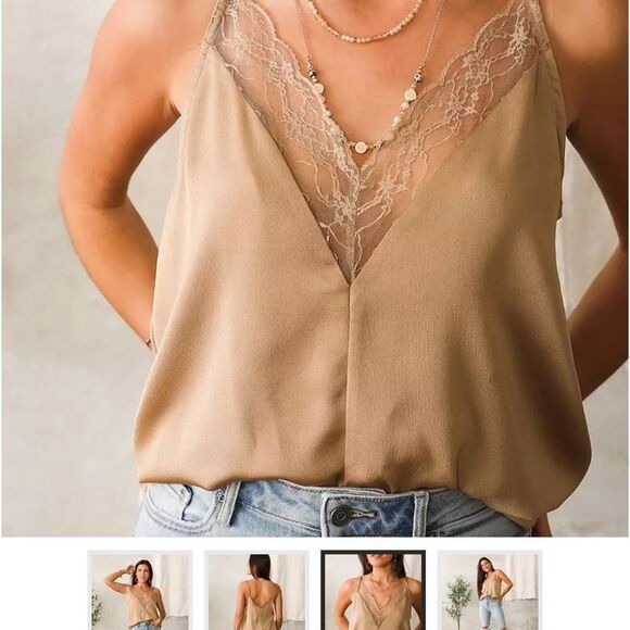 Willow & Root Buckle Satin Elegant Tan Lace Trim Cami Top - Picture 3 of 8
